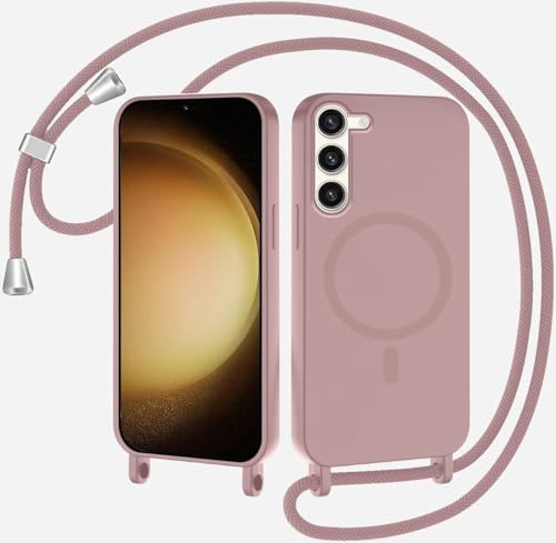 xinyunew Coque Magnétique pour Samsung Galaxy S23 avec Cordon, Compatible avec MagSafe Collier Étui Silicone Liquide avec Tour de Cou Lanière en Corde Souple TPU Antichoc Housse,Rose foncé