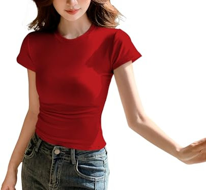 JEROZIYANT Women's Basic T-Shirt Short Sleeve Round Neck Slim Fit Solid Color Tee Tops Summer Pumiey Skims Dupe Y2K Crop Top for Casual Club Streetwear (UK, Alpha, XS, Regular, Regular, Red)
