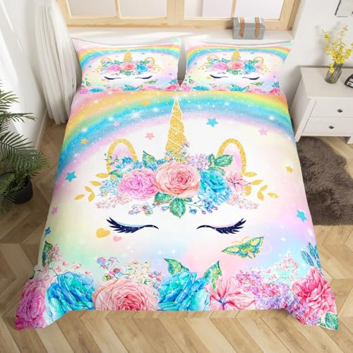 Homemissing Einhorn Bettwäsche Set 135x200cm für Kinder Mädchen Schlafzimmer Dekorationen Teens 3D Bunte Einhorn Regenbogen Bettwäsche Bettbezug Set Ultra weiche und fluffige Blume Bettwäsche