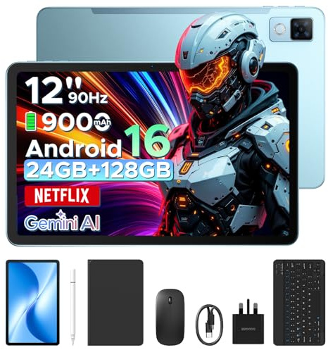 U12 Android 16 tablet, 12 inch FHD+(2000x1200) 90Hz Large Screen, 24GB+128GB/2TB, Gemini AI Octa Core Gaming Tablets, 9000mAh/18W, Widevine L1, 2.4G/5G WiFi, Tablet with Pen,Keyboard,Mouse&Case