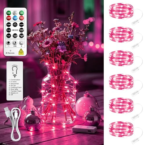 SINAMER 6 Stück Micro LED Lichterkette mit Aufladbarer Batterie,2M 20LEDs | Timer und Fernbedienung, 8 Modi, Dimmbar,Wasserdichter Silberdraht für Innen, Zimmerdeko, Weihnachten, Hochzeit (Rosa)