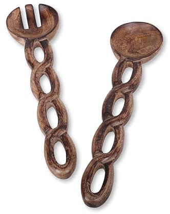 Juego de cuchara y tenedor de madera hechos a mano – Servidores de ensalada decorativos de 13 pulgadas con asas de cadena talladas (2 piezas) utensilios de cocina y comedor, regalos de cocina para
