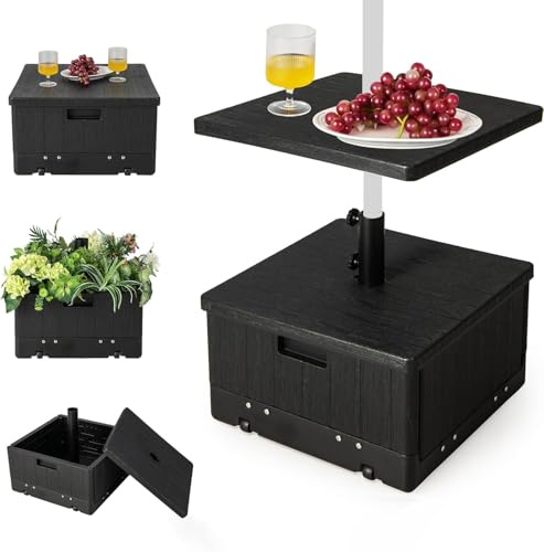 GOPLUS 3 en 1 Pied de Parasol Mobile, avec Plateau de Table et Bac à Plantes, pour Mât de 38/48 mm, Remplissable Eau 45L / Sable 67KG, Pied de Parasol sur roulettes avec Poignée (Noir)