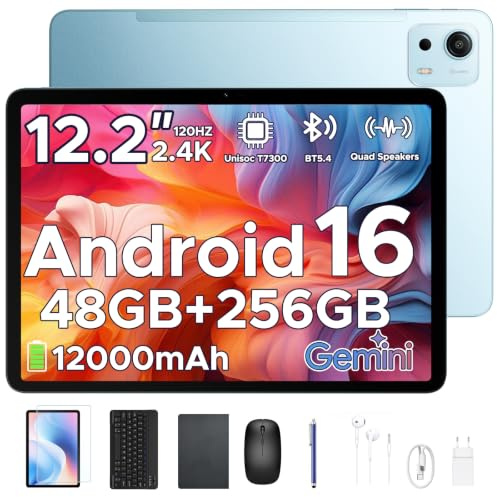 Easerush P12 Plus 12 Inch Tablet Android 16, 2.4K 120Hz, 48GB RAM+256GB ROM/TF 2TB, 12000mAh/18W, T7300 Octa-core, 5G WiFi, 8MP+13MP, Gemini AI, Face ID, OTG, Tablet with Keyboard/Pen/Headphone, Blue