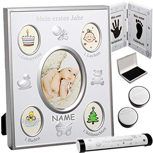 alles-meine.de GmbH 6 TLG. Set Fotorahmen/Bilderrahmen - Baby - erstes Jahr - inkl. Name - Handabdruck Fußabdruck - Dose ersten Haare + Milchzähne - Rolle Geburtsurkunde - Ra..
