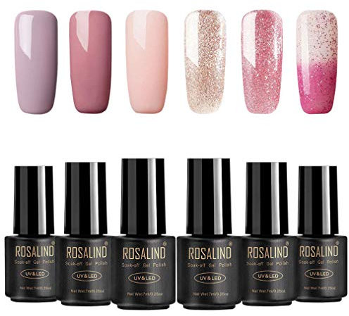 ROSALIND Nagellack mit Gel Glitzerfarben, Pink Set, Temperaturänderung, UV-LED-Trocknung, Nude Color-Langzeit-Maniküre-Lack 6 Flaschen 7 ml