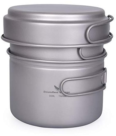 usharedo Titanium Pot Pan Set with Folding Handle Outdoor Camping Soup Pot Bowl Frying Pan Mess Kit Picnic Cookware Ti1587B