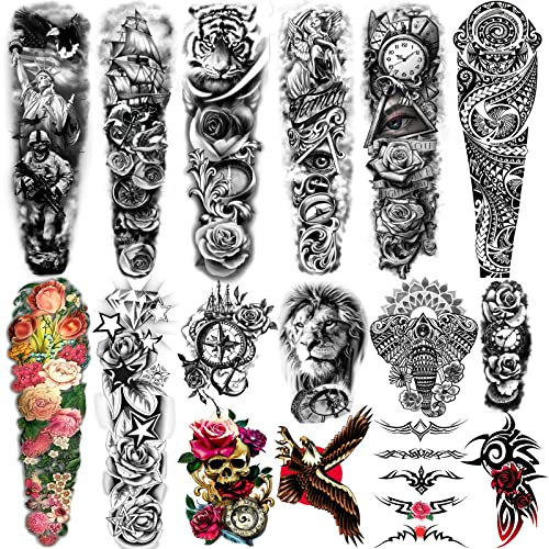 Extra Large Temporaire Tatouages 8 Feuilles Bras Complet Faux Tatouages et 8 Feuilles Demi Bras Tatouage Autocollants pour Hommes et Femmes (16 sheets)