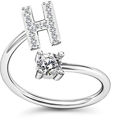 Bungsa H Ring Buchstabe - BUCHSTABEN RING silber mit Kristallen - biegbarer Fingerring/Zehenring Toering für Damen, Kinder & Herren