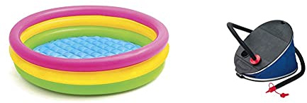Intex 57412NP - Sunset Glow Baby Pool, 3-Ring, ø 114 x 25 cm & Giant Bellows Fußpumpe - Luftpumpe - 30 cm - Mit 3 Düsenaufsätze
