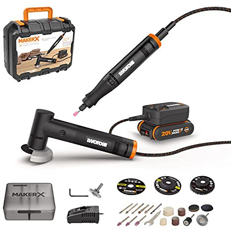 Worx 18V(20V MAX) 2-Tool MakerX Combo Kit WX990, Rotary Tool+Angle Grinder, PowerShare, 1* Battery, 1* Charger, 1* Hub, 35pcs Accessories