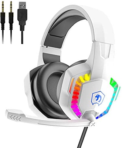 Casque de Jeu, Rétroéclairage à LED RVB, avec Microphone, Lecteur de 40mm, Stéréo 3D, Prise de Jack de 3,5mm, Approprié pour PS4/ PS5/ Xbox/PC/Mac/Nintendo Switch-Blanc