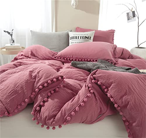 IHOUSTRIY Bettbezug Queen-Size, 100% Gewaschene Mikrofaser, 3-teiliges Bettbezug-Set, Pompons, Fransen, einfarbig, weich und atmungsaktiv, mit Reißverschluss und Eckbändern (Altrosa, Queen)