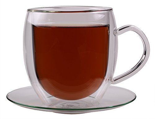 Feelino Teetasse aus Glas Doppelwandig, 1x Teegläser mit Henkel und Untertasse, 270ml Doppelwandige Teegläser, Isoliertes Teeglas, Spülmaschinenfeste Thermo-Teegläser, Tee Gläser mit Schwebe-Effekt