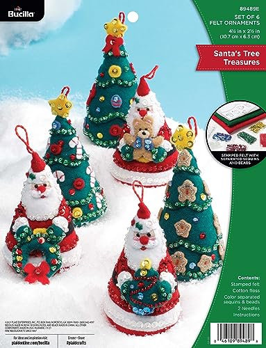Bucilla Felt Ornaments Applique Kit Set of 6-Santa's Tree Treasures