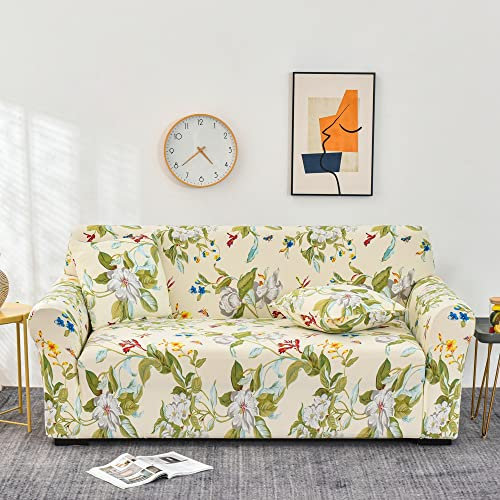 FANSU Stretch Sofabezug rutschfest Sofaüberwürfe mit Armlehnen, Universal All-Inclusive Ecksofa L Form Sofa/Sesselbezug für Hotel Schlafzimmer Zuhause Wohnzimmer (Blumen und Blätter,2 Sitzer)