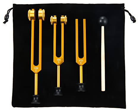 ETERMETA Tuning Forks Set 128Hz, 256Hz, 512Hz Gold | Sound Instruments Tuning Fork Chakra with Hammer, Storage Bag and Cleaning Cloth