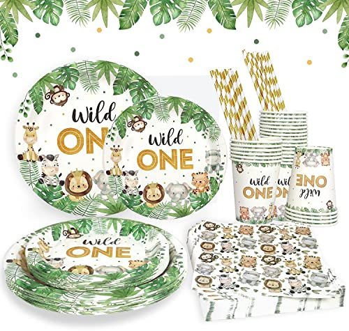 Wild One Birthday Decorations Plates Set for 25 Guests, Boys Safari Jungle Theme Party Decorations Paper Plates Cups Napkins Straws Tableware Wild One Party Supplies