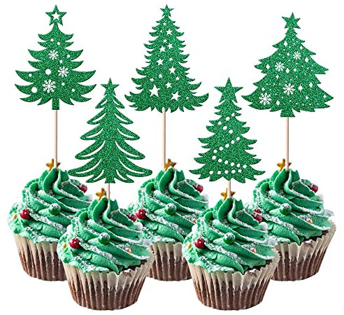 Xsstarmi 30 Pack Christmas Tree Cupcake Toppers Glitter Merry Christmas Tree Snowflake Cupcake Picks for Christmas Theme New Year Holiday Baby Shower Kids Birthday Party Cake Decoration