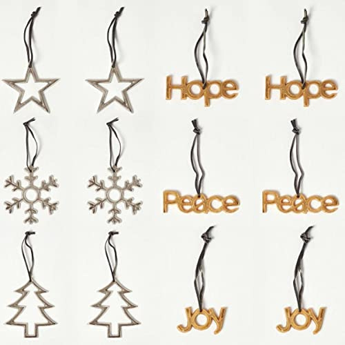 HOMESCAPES Set of 12 Gold and Silver Christmas Hanging Ornaments Hope Joy Peace Star Tree Snowflake Christmas Tree Decorations Set with Leather Strings