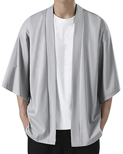 Caxndycing Kimono Cardigan Herren Traditionelle Japanische Kleidung Männliche Strickjacke Noragi Jacke Yukata Mantel Haori Einfarbig Japan Happi Kimono Shirts Lose 3/4 Ärmel Cardigan Jacke