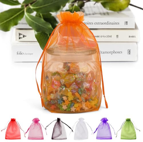 ANZNKU Transparente Organza-Beutel, 15.2x22.9 cm, Netzbeutel, Kordelzug, Geschenktüten für Party, Hochzeit, Mesh, Festival, Make-up, Organza-Geschenkbeutel, 100 Stück, orange)