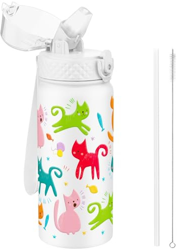 GOPPUS 550ml/18oz Kids Insulated Water Bottle with Straw Cute Double Wall Stainless Steel Child's Small Flask Vacuum Insulated Steel Metal Leak Proof Drink Flask Boys Toddler Girls Bottles BPA-Free