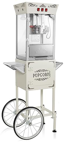 Olde Midway Movie Theater-Style Popcorn Machine Maker with Cart and 8-Ounce Kettle - Cream, Vintage-Style Popper on Wheels