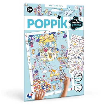 POPPIK 1841208 Sticker-Poster, Party, Kreativposter mit ablösbaren Aufklebern, Katzen-Stickerset zum Basteln, für Kinder ab 5 Jahren, 48 x 68 cm