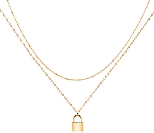 Jenosy Kette Layered Damen Kette Schloss Gold Personalisierte Schloss Kette Damen Zarte Halskette mit Schloss Anhänger Hypoallergene 18K Vergoldete Kette Modeschmuck für Frauen und Mädchen