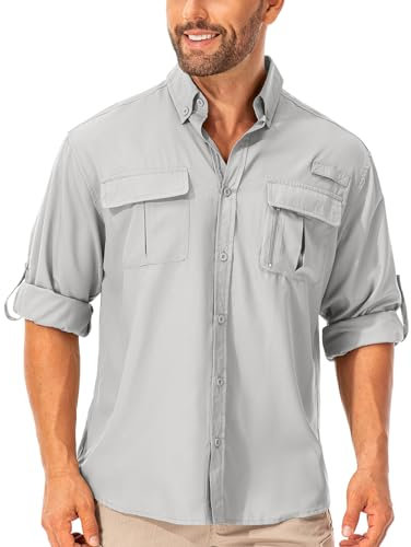 mosingle Men's Long Sleeve Hiking Shirt, Sun UV Protection Safari Fishing Outdoor Shirt Quick Drying Lightweight Walking Travel Shirts #5053-Grey-L