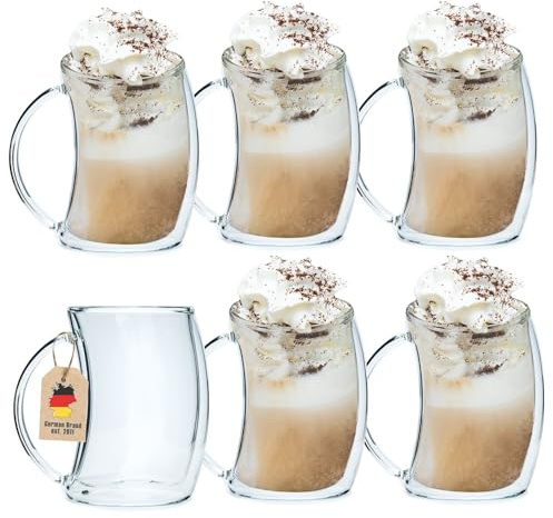 INTIRILIFE 6x Doppelwandiges Thermo Glas - gebogener Style - 200ml Füllmenge -Tassen Set 6 Stück - Schwebeeffekt, Mundgeblasen isoliert für Latte Macchiato, als Teeglas oder Kaffeeglas mit Henkell