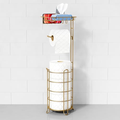 Goozii Support de papier toilette sur pied doré avec étagère pour téléphone, support de papier toilette au sol pour grands rouleaux de papier toilette, support autoportant en métal avec plateau de