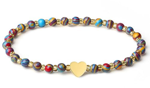 MetJakt Handgemachter Naturstein Perlenarmband 4MM Mini Stretch Armband Energiearmbänder 18k vergoldet Herz Armbänder für Damen Damenschmuck Echtes (Multicolor Malachit)