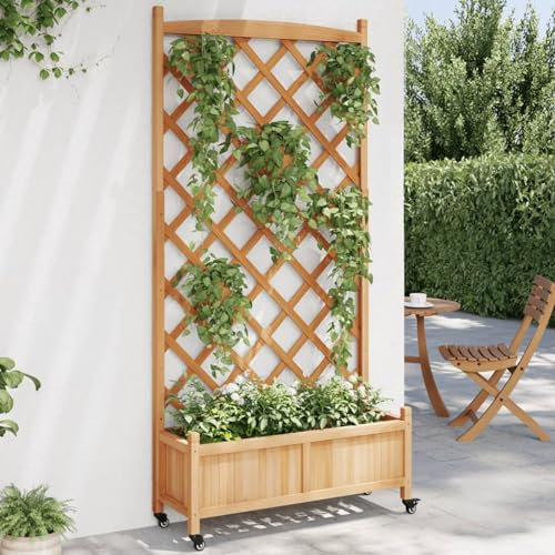 Gecheer Jardinera, cama elevada, con celosía, trepadora, con ruedas, de madera, de abeto, marrón, 90 x 35 x 187,5 cm, jardinera con rejilla, jardinera con ruedas