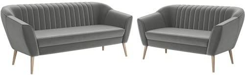 MEBLINI Mini Sofa Set 3-2 für Wohnzimmer - Mini Lounge für fünf Personen - Küchensofa - Sofa Klein - Sitzgarnitur - Polstergarnitur - Sofagarnituren - KAIA - 3+2 - Hellgrau Samt