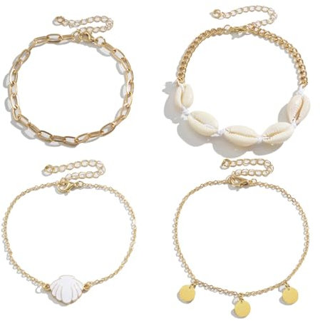 4 Stück Boho-Fußkettchen mehrlagig, fußkette muschel, fußkettchen für damen, verstellbarer Fußschmuck, fußkettchen für damen gold, Verstellbar Geschichtete Fußkettchen, für Damen und Mädchen