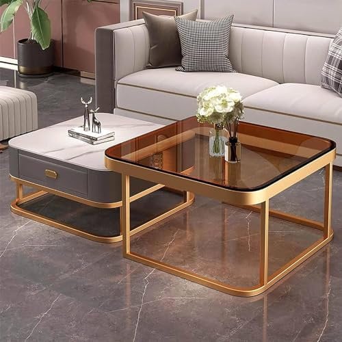 Modern Design Glass Coffee Table Set with Metal Frame for Living Room - Square Gold Storage Tables - Easy Assembly Home Furniture