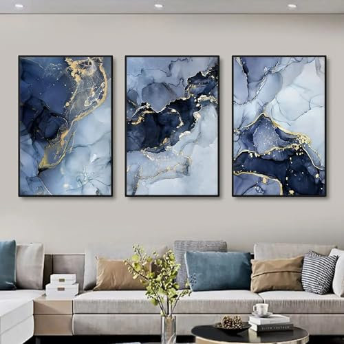Blau Gold Marmor Leinwand Bilder 3er Set, Moderne Wohnzimmer Wandbilder Blau Textur Poster, Ohne Rahmen Wandposter, Abstrakt Kunst Art Bilder (B,50x70 cm)
