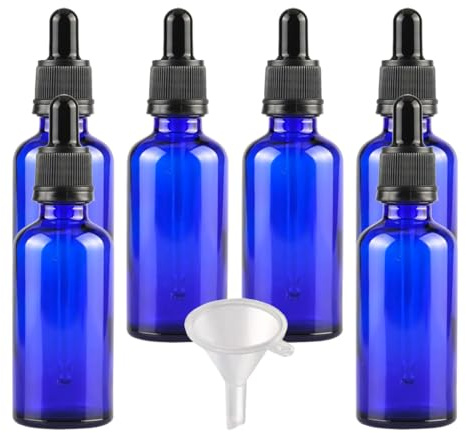 PQPAUTY 6 Pack, 50ml Empty Blue Glass Dropper Bottles with Glass Pipettes, Tamper-evident screw cap for Essential Oil Aromatherapy Cosmetic Elite Fluid Container
