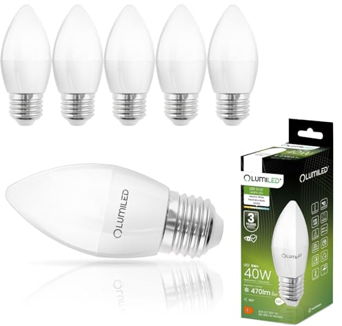 Lumiled B35 E27 LED Lampe 5W (ersetzt 40W), 470 Lumen, Kerze Milch Glas Leuchtmittel in Kerzeform 4000K Neutralweiß Birne Lampen 180° Grad Abstrahlwinkel LED Lampenn Kerzenbirnen 6er-Pack