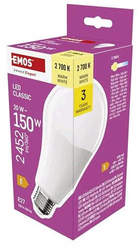 EMOS LED Lampe A80-Birne, 20W Ersatz für 150W Glühbirne, klassiche Birne in größerer Form, E27 Sockel, Helligkeit 2452 lm, Warmweiß 2700 K, 30000 h Lebensdauer, CRI min. 80, 180° Abstrahlwinkel