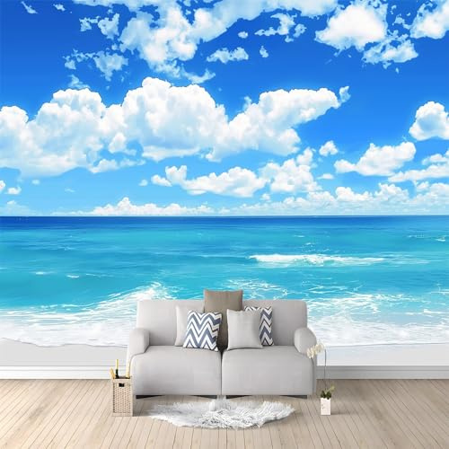 Fotomurales 3D Naturaleza Vista Al Mar Cielo Azul Y Playa 200x140 cm Papel Pintado Fotográfico, Decoración De la Pared Murales para Salón, Dormitorio, Habitación para Niños, Pared de TV
