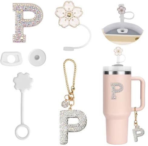 6PCS Accesorios Personalizados para Stanley Cup,Fundas de Pajitas,Decoración de Iniciales, Pegatinas de Letras,Encantos de Letras para Vaso Stanley y Ttapón Antiderrame para Stanley Cup (P)