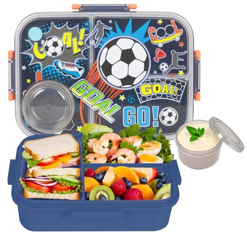 PinkSheep Bento Lunch Boxen für Kinder, 1200ml BPA-freie leckagesichere Kinder Lebensmittelbehälter mit 3 Fächern zurück zu Schulschülern Junge Mädchen (Fußball-B)