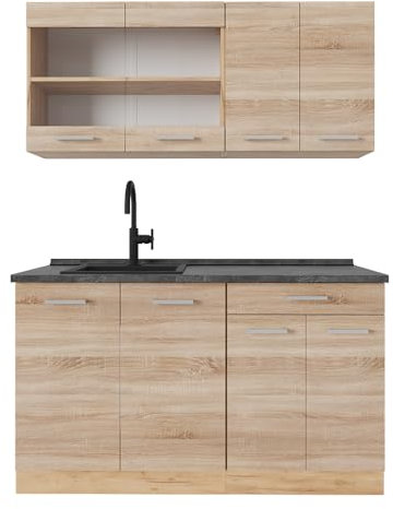 Vicco Single Küche R-Line, Sonoma/Goldkraft Eiche, 140 cm, AP Anthrazit