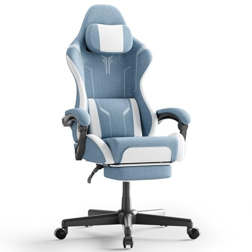Chaise Gaming, Fauteuil Gamer - Massage Coussin Lombaire, Siege Gaming Dossier Inclinable à 135°, Chaise de Bureau Ergonomique Repose-Pieds Rétractable, Siège Large Confortable Leathaire-Velours, Bleu