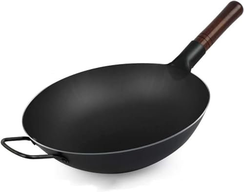 SGKOMN Wok de Hierro Fundido precurado, sartén para saltear, sartén Wok de Hierro Fundido, sartén Honda, excelente sartén Wok para cocinar Comida asiática, Color Negro(38cm/ 15 Inch)