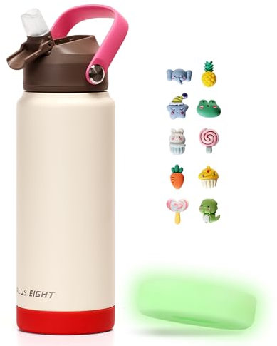 pluseight 750ml/24oz Water Bottle with Straw Lid, Stainless Steel Water Bottle Wide Fluorescent Coaster for Sports, Gym or Office, BPA-Free Keep Cold 24H Hot 12H (Beige)