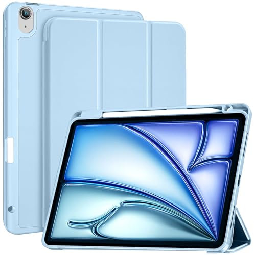 YeaQuelior Funda para iPad Air de 11 pulgadas M3/M2 (2025/2024), iPad Air de 5ª/4ª Generación (2022/2020), Cubierta Trasera de TPU Flexible con Soporte para Lápices, Soporta Carga de Lápiz, Azul Claro
